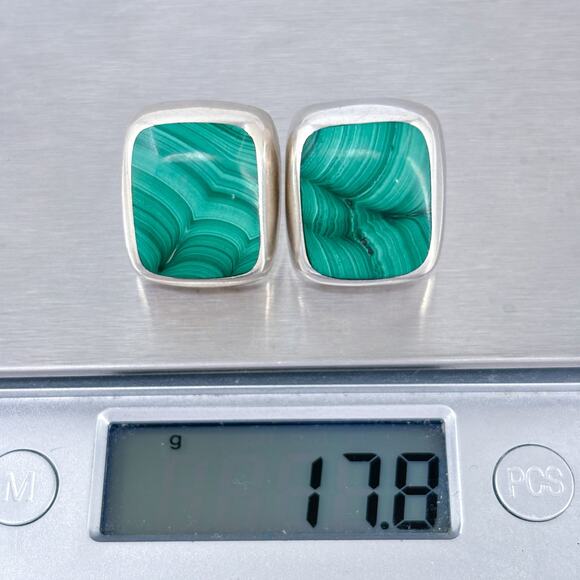 Estate Mexico Sterling Silver 925 Green Malachite Earrings - Picture 8 of 8